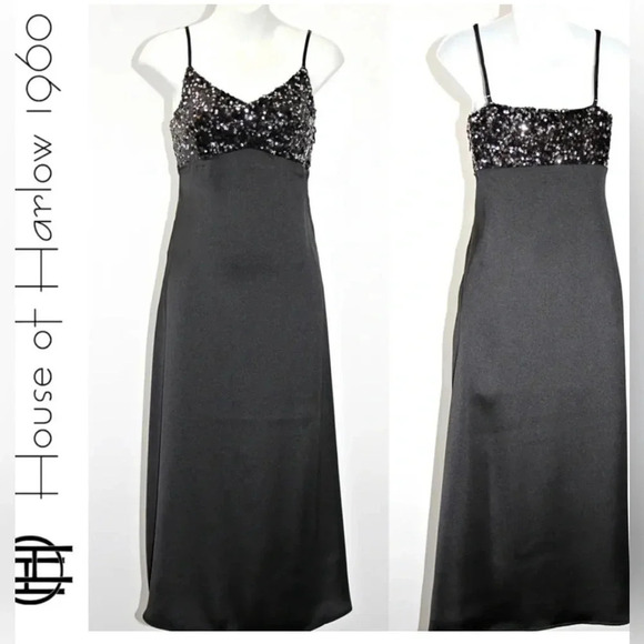 House of Harlow 1960 Sequined Black Satin Slip Dress Long New Prom Formal Gown - Picture 2 of 6